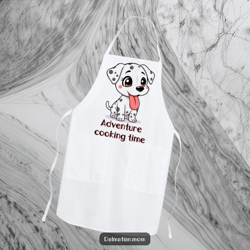 Funny Kawaii Dalmatian apron featuring a bouncy cute dog, tongue lolling, perfect for cooks who enjoy humor and adorable pet-themed kitchenware.