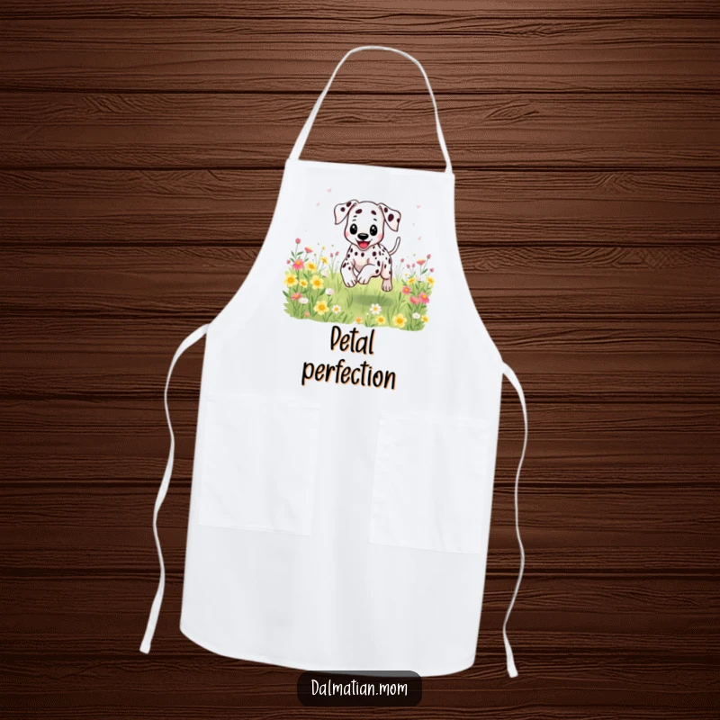 Funny Kawaii Dalmatian apron depicting a happy dog bounding through flowers, ideal for kitchen creativity.