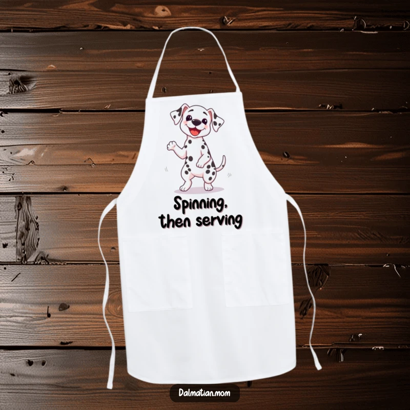 Funny Kawaii Dalmatian apron featuring a cute dog doing a silly spin with its tail wagging furiously, ideal for cooks who enjoy humor.