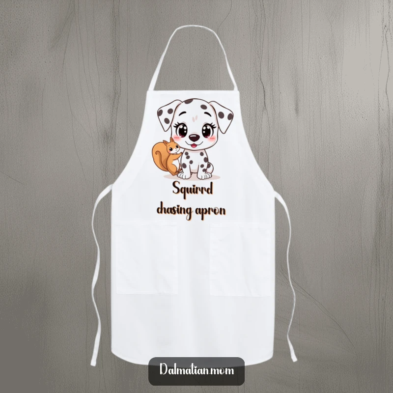 Funny Kawaii Dalmatian apron featuring a cute dog with wide, excited eyes spotting a squirrel, perfect for cooks who enjoy humor and adorable pet designs.