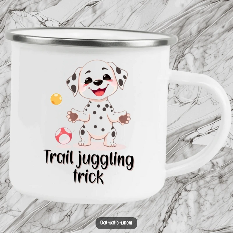 Funny Kawaii Dalmatian camping mug featuring a petite dog with a goofy smile juggling balls, durable for outdoor fun.