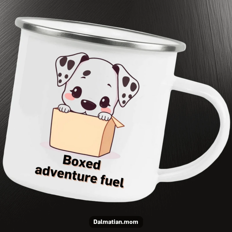 Funny Kawaii Dalmatian Peeking into a Small Box Camping Mug, enamel mug, cute dog graphic, outdoor beverage cup.