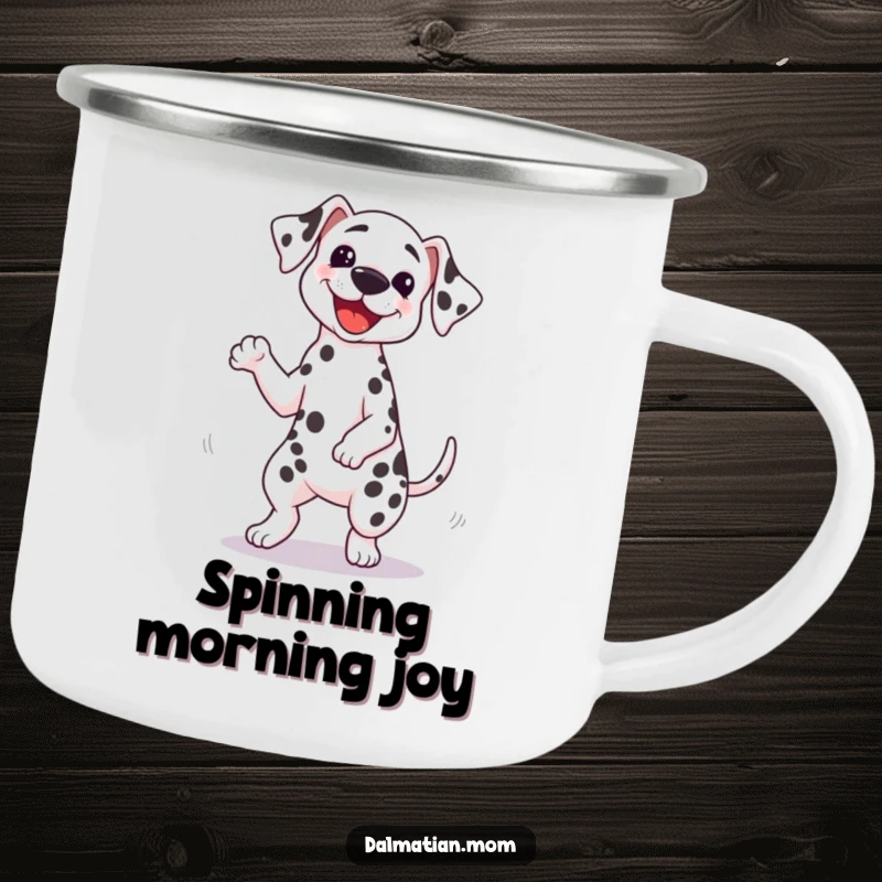 Funny Kawaii Dalmatian camping mug with a cute dog doing a silly spin with its tail wagging furiously, adding humor to outdoor adventures.