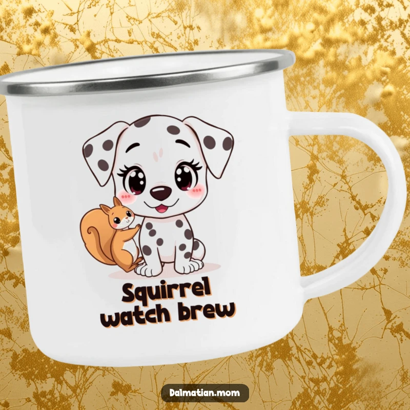 Funny Kawaii Dalmatian camping mug with a cute dog's wide, excited eyes spotting a squirrel, adding humor and excitement to outdoor adventures.