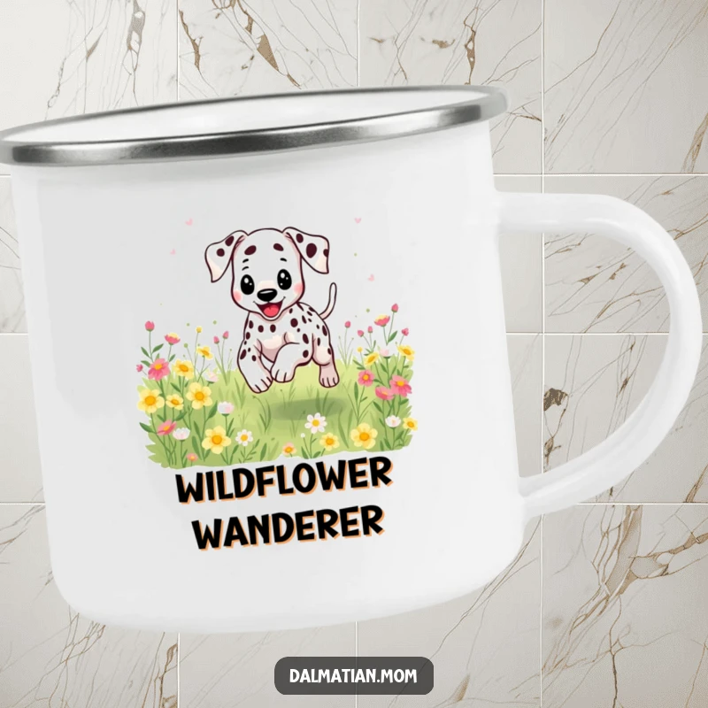Funny Kawaii Dalmatian camping mug featuring a happy dog bounding through flowers, durable for outdoor fun.