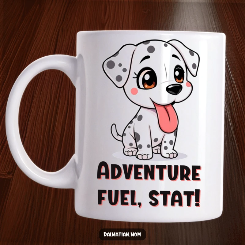 Funny Kawaii Dalmatian mug showing a bouncy dog with its tongue lolling out, embodying pure readiness for adventure and joyful spirit.