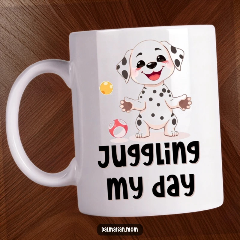 Funny Kawaii Dalmatian mug showing a petite dog with a goofy smile attempting to juggle small balls.