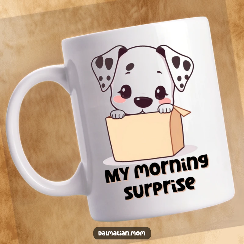Funny Kawaii Dalmatian Peeking into a Small Box Mug, adorable puppy with big eyes, curious expression, gift for dog lovers.