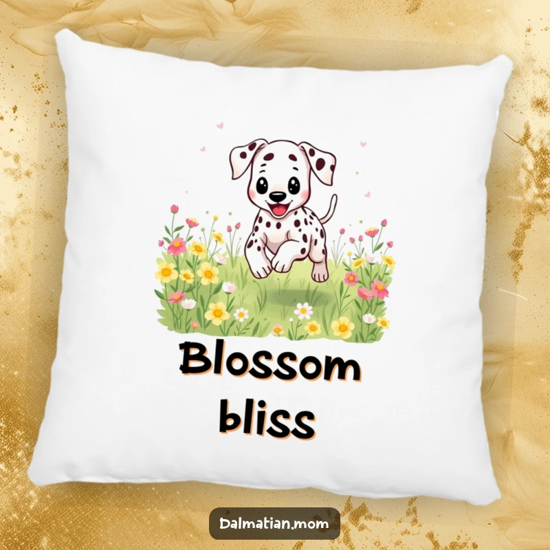 Funny Kawaii Dalmatian pillow featuring a cute dog bounding through flowers, bringing comfort and whimsical charm.