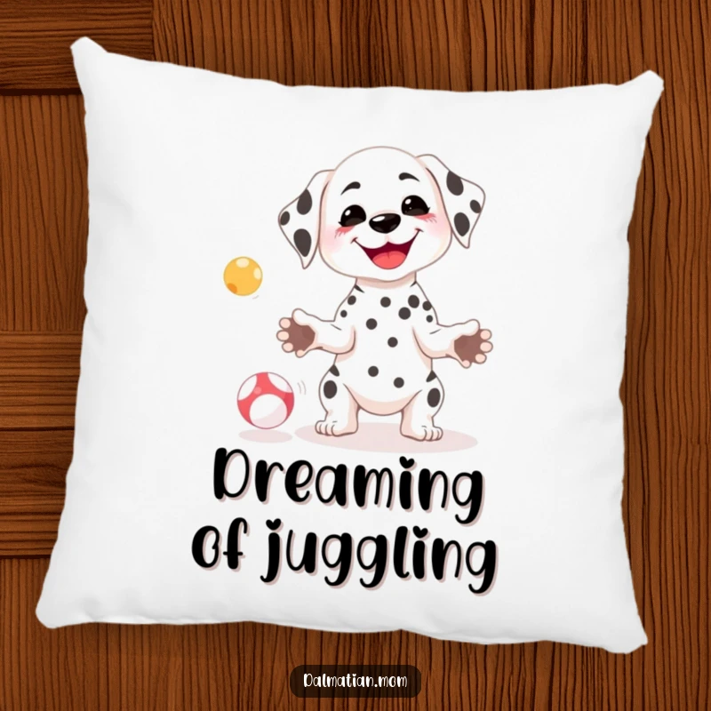 Funny Kawaii Dalmatian pillow featuring a petite dog with a goofy smile juggling small balls, bringing comfort and laughter.