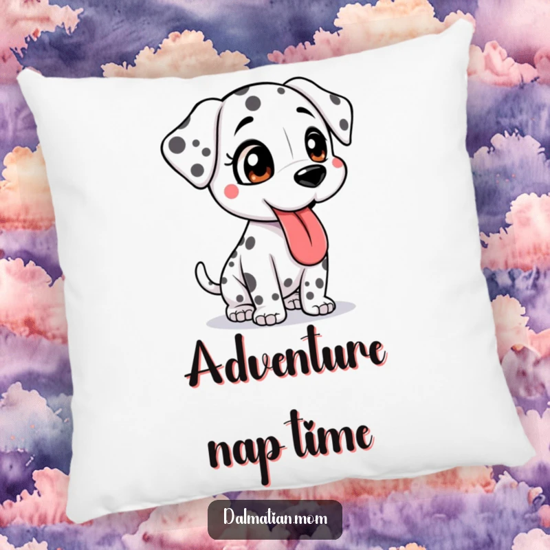 Funny Kawaii Dalmatian pillow with a bouncy cute dog, tongue lolling, offering cozy comfort and a touch of adventurous spirit.