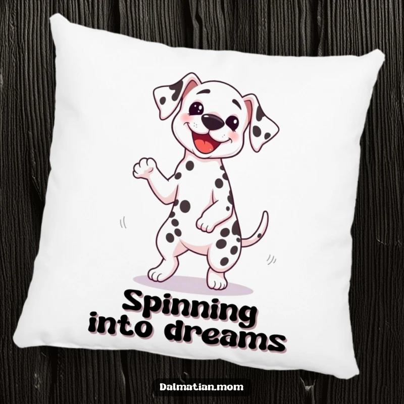 Funny Kawaii Dalmatian pillow with a cute dog doing a silly spin with its tail wagging furiously, perfect for adding playful comfort.