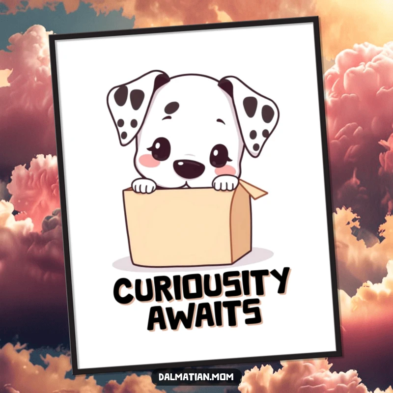 Funny Kawaii Dalmatian Peeking into a Small Box Digital Art Print, cute dog illustration, playful puppy, humorous wall art download.