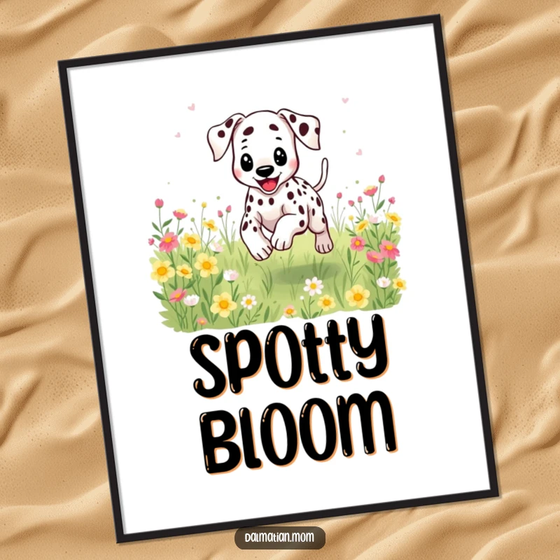 Funny Kawaii Dalmatian digital art print of a happy dog bounding through flowers, ready to adorn any wall.