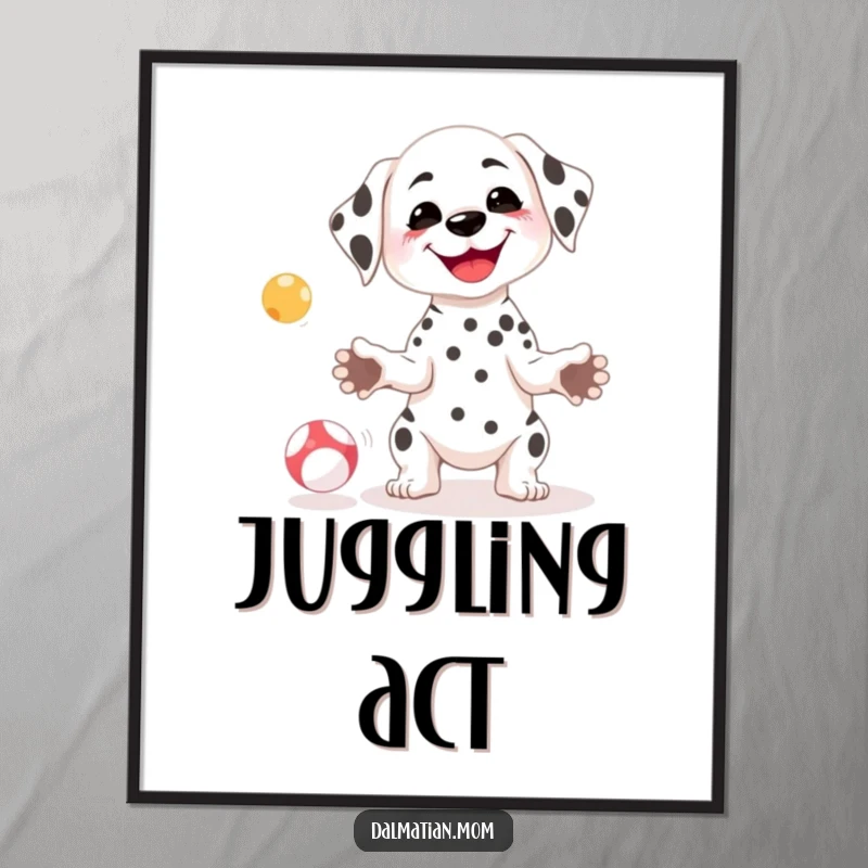 Funny Kawaii Dalmatian digital art print of a petite dog with a goofy smile juggling balls, ready to adorn walls.