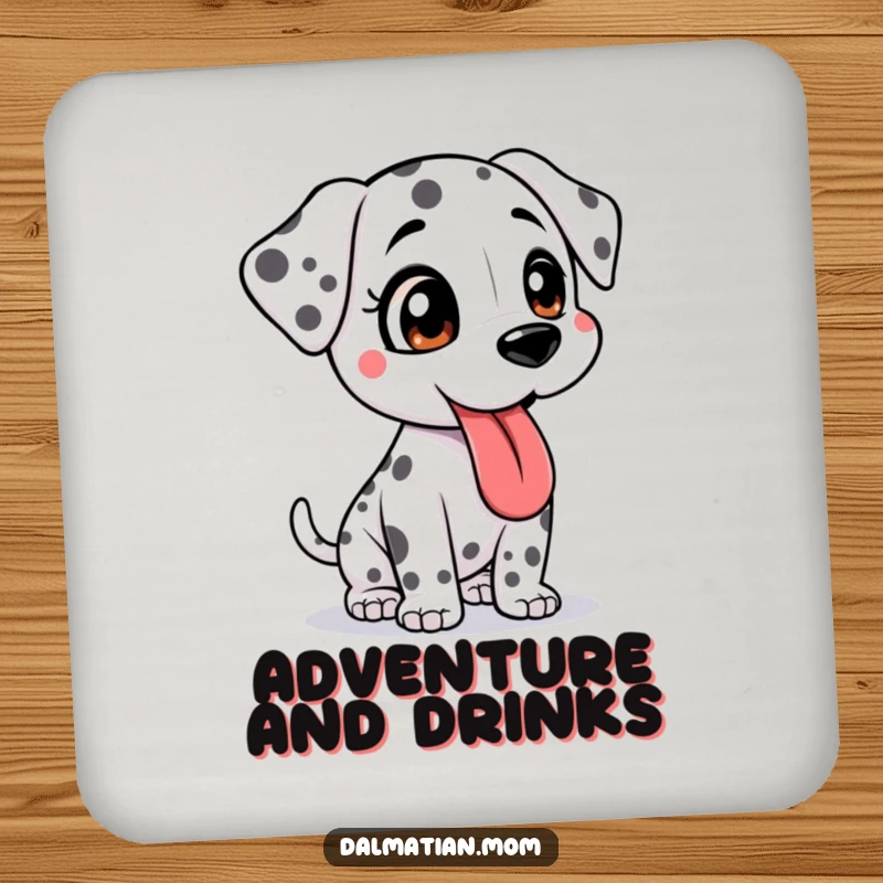 Funny Kawaii Dalmatian coaster featuring a bouncy cute dog, tongue lolling, perfect for protecting surfaces with playful adventure vibes.