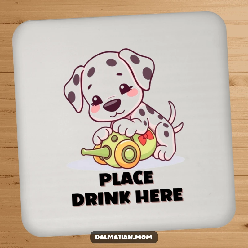 Funny Kawaii Dalmatian coasters, a set of drink coasters with a cute dog playfully nudging a toy, adding charm.