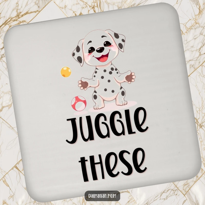 Funny Kawaii Dalmatian drink coaster with a petite dog juggling balls, perfect for any table.