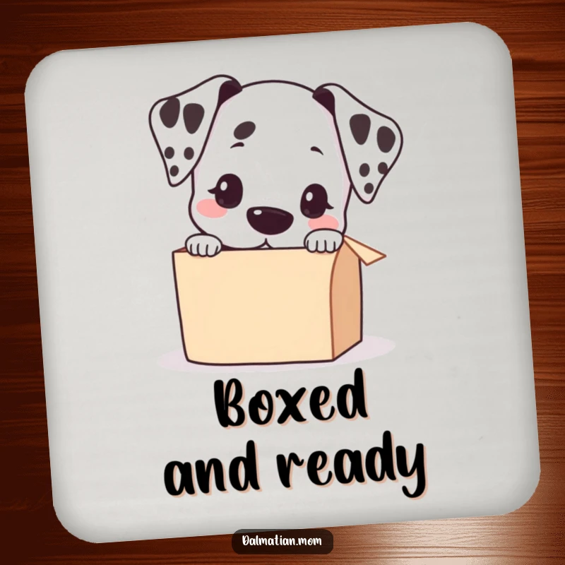 Funny Kawaii Dalmatian Peeking into a Small Box Coaster, cute drink accessory, playful puppy illustration, humorous home decor.