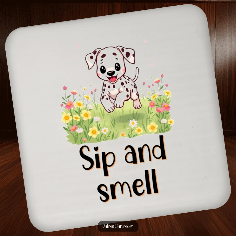 Funny Kawaii Dalmatian drink coaster with a happy dog bounding through flowers, perfect for any table.