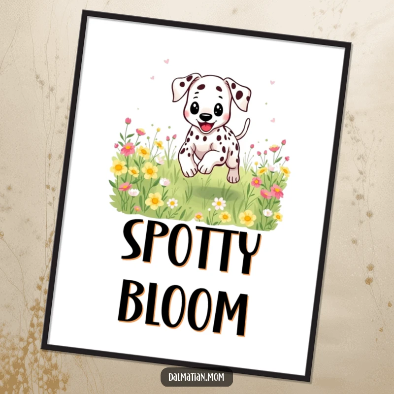 Funny Kawaii Dalmatian poster art of a dog joyfully bounding through a field of flowers, spots flying playfully.