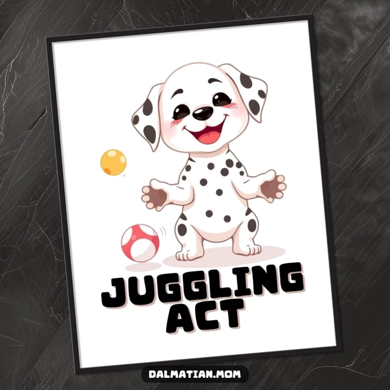 Funny Kawaii Dalmatian poster art of a small dog with a goofy smile attempting to juggle several small balls.