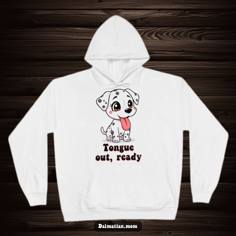 Funny Kawaii Dalmatian hoodie showing a bouncy cute dog with its tongue lolling out, perfect for cozying up after or before adventures.
