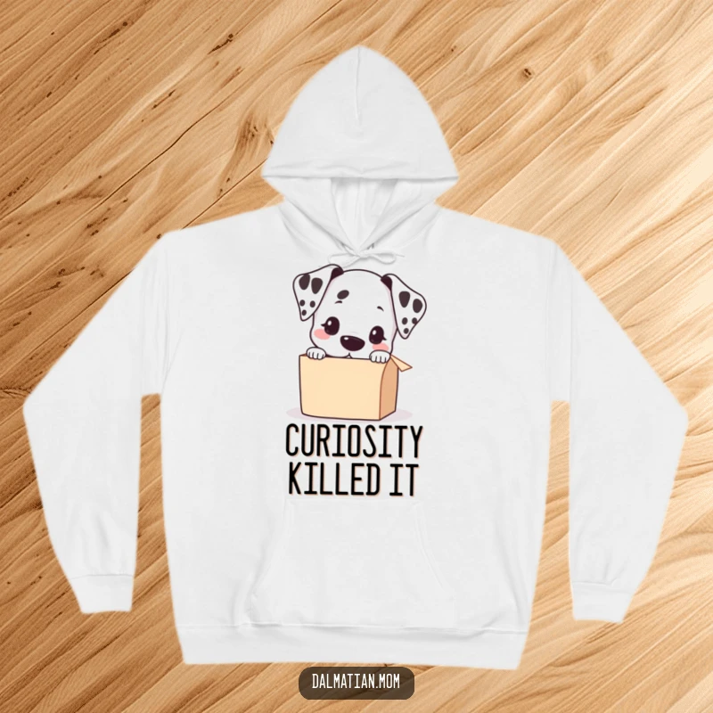 Funny Kawaii Dalmatian Peeking into a Small Box Hoodie, warm and cozy pet apparel, cute dog, perfect gift for dog moms.