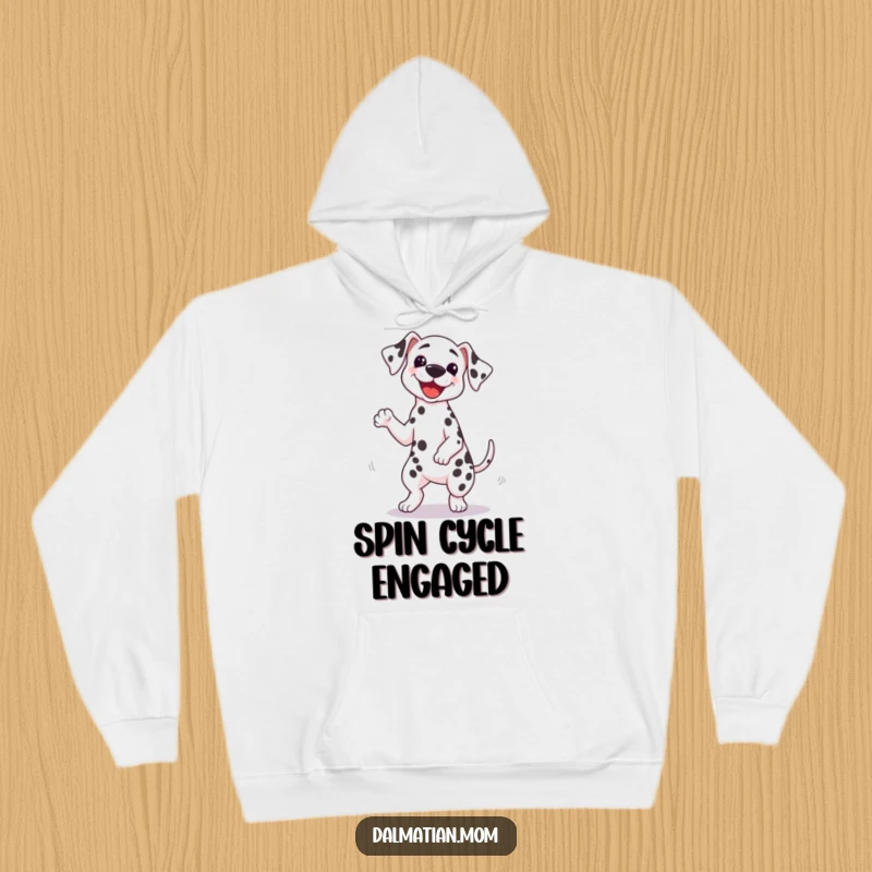 Funny Kawaii Dalmatian hoodie showing a cute dog doing a silly spin with its tail wagging furiously, perfect for cozying up with a smile.