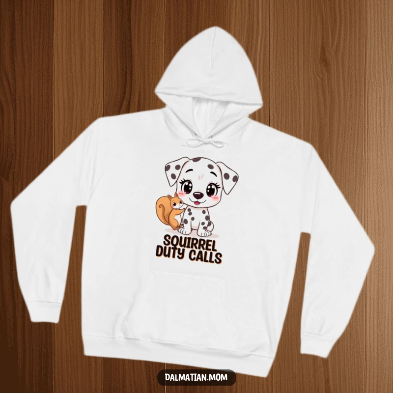 Funny Kawaii Dalmatian hoodie showing a cute dog with wide, excited eyes spotting a squirrel, perfect for cozying up with a thrill.