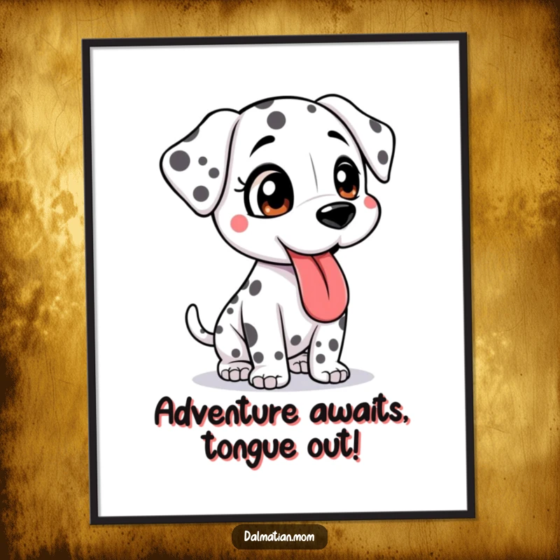 Funny Free Printable Wall Art: A super bouncy Kawaii Dalmatian with tongue lolling, embodying pure excitement.
