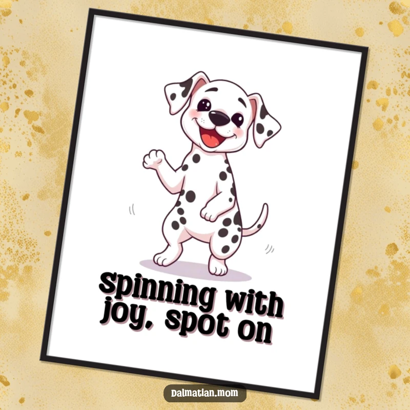 Funny Free Printable Wall Art: A Kawaii Dalmatian performing a silly spin with a furiously wagging tail.