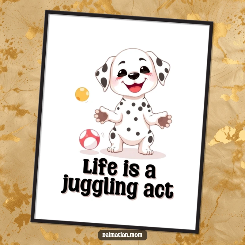 Funny Free Printable Dalmatian Wall Art: A petite kawaii dalmatian with a goofy grin, skillfully juggling small balls, full of charm.