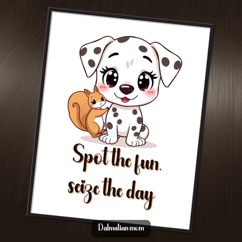 Funny Free Printable Wall Art: Energetic Kawaii Dalmatian with wide eyes, excitedly spotting a squirrel.