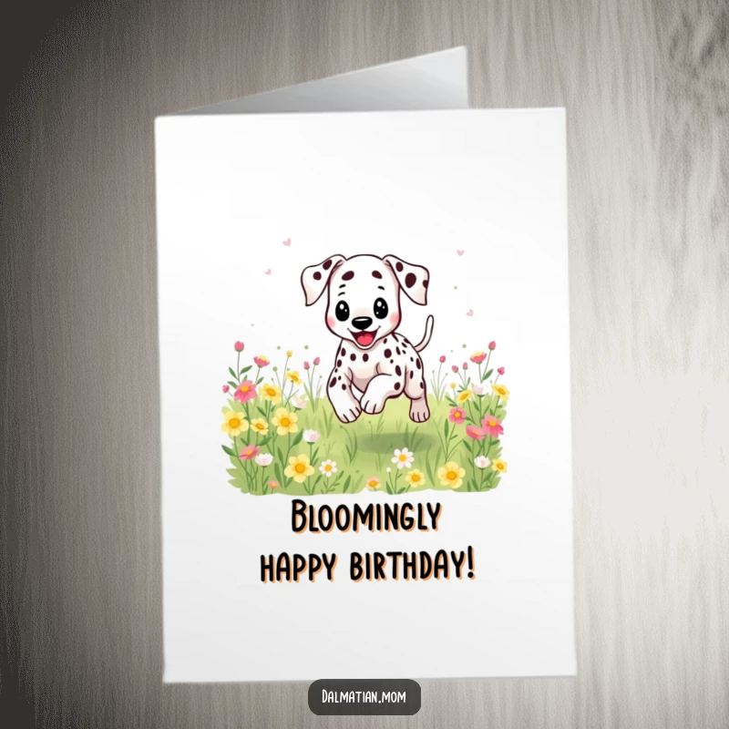 Funny Free Printable Dalmatian Birthday Card: A kawaii dalmatian happily leaping through flowers, spots flying, spreading birthday joy.