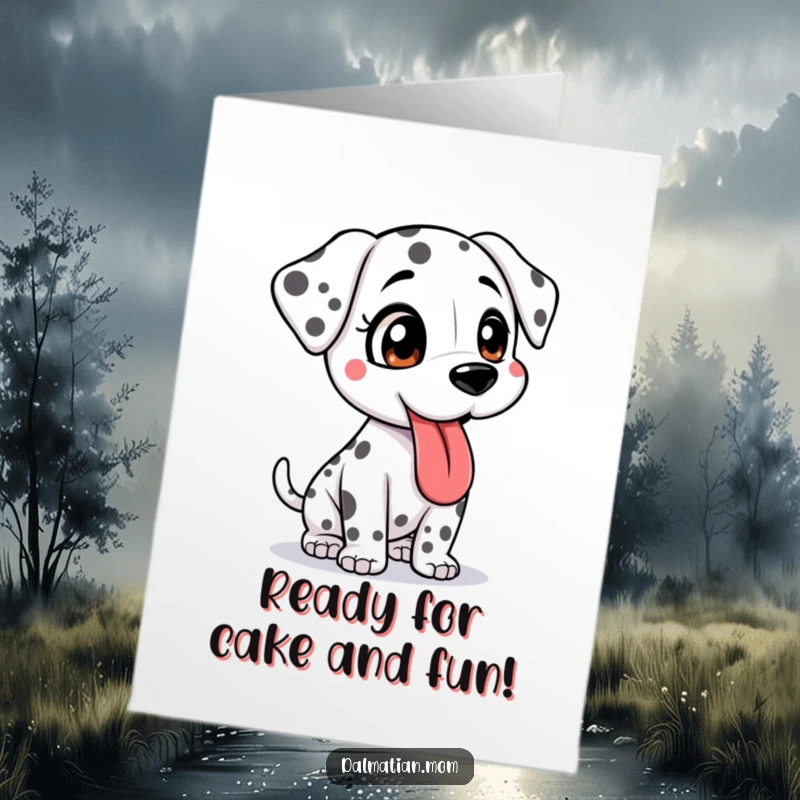 Funny Free Printable Birthday Card: Bouncy Kawaii Dalmatian with tongue out, eager for birthday adventures.