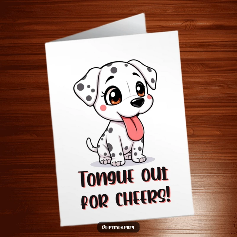 Funny Free Printable Congratulations Card: A happy, bouncy Kawaii Dalmatian with its tongue lolling, ready to celebrate.