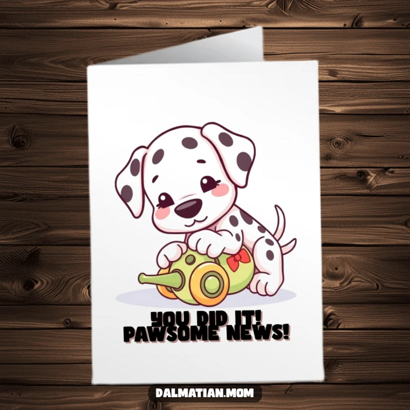 Funny Free Printable Congratulations Card: Cute Kawaii Dalmatian nudging a toy, celebrating success with humor.