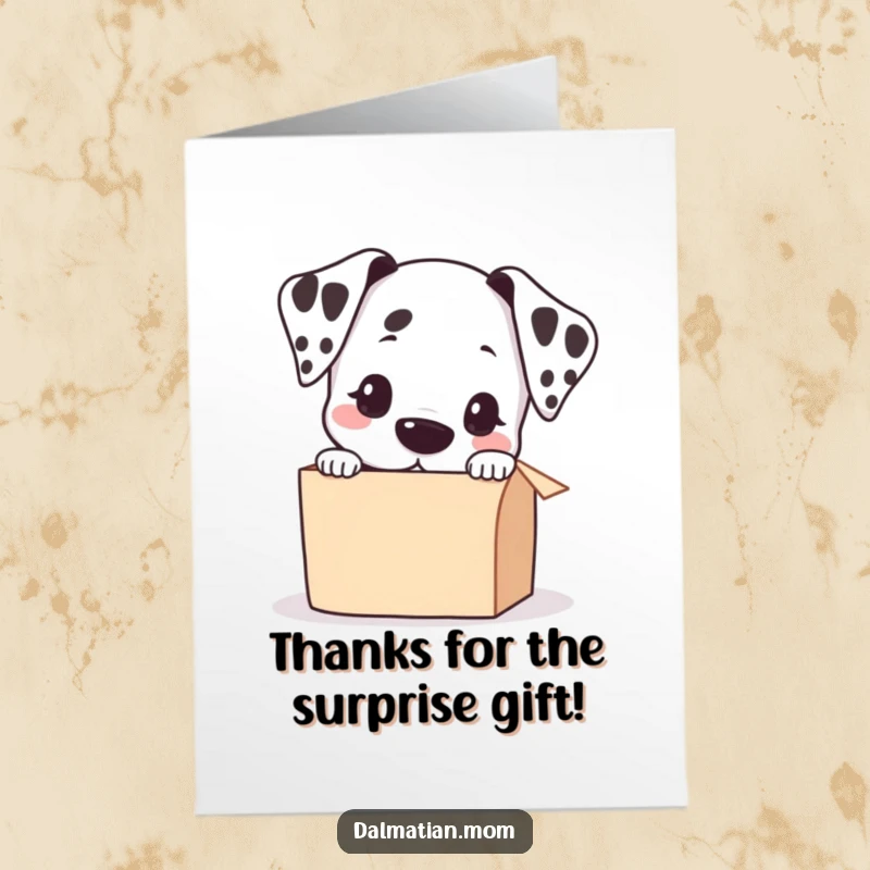 Funny Free Printable Thank You Card: Adorable Kawaii dalmatian peeking into a box, a thoughtful expression on its face.
