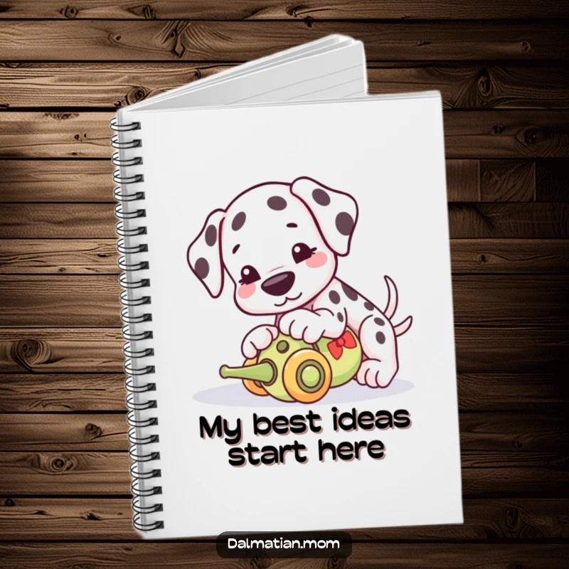 Funny Kawaii Dalmatian notebook, a cute journal with a dog playfully nudging a toy, perfect for notes and doodles.