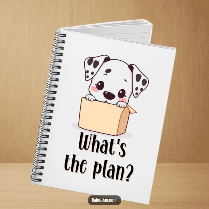 Funny Kawaii Dalmatian Peeking into a Small Box Notebook, cute stationery, puppy illustration, humorous journal for dog lovers.