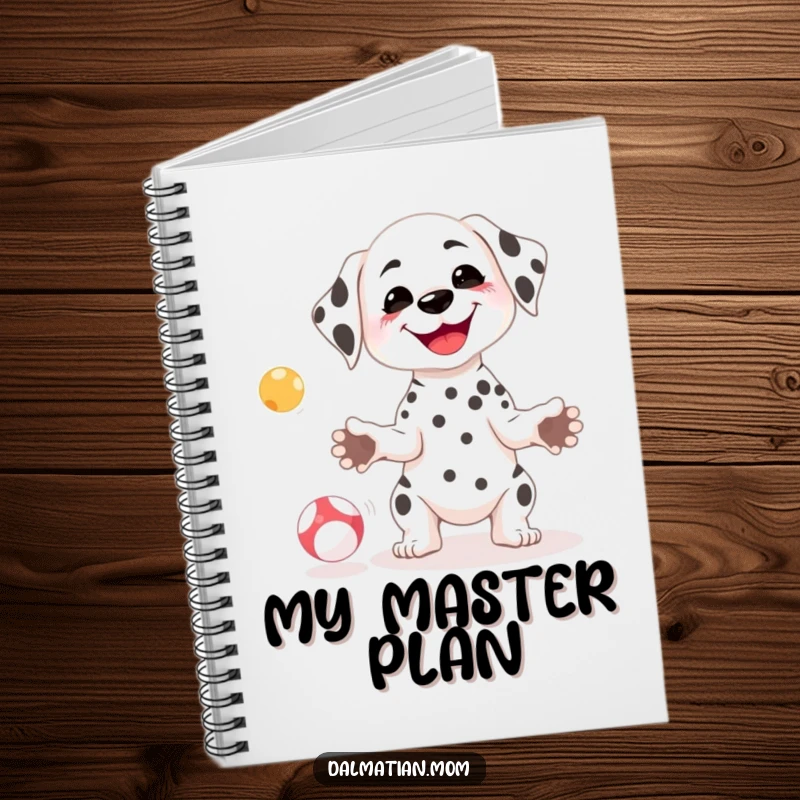 Funny Kawaii Dalmatian notebook cover showing a petite dog with a goofy smile juggling small balls, perfect for notes.
