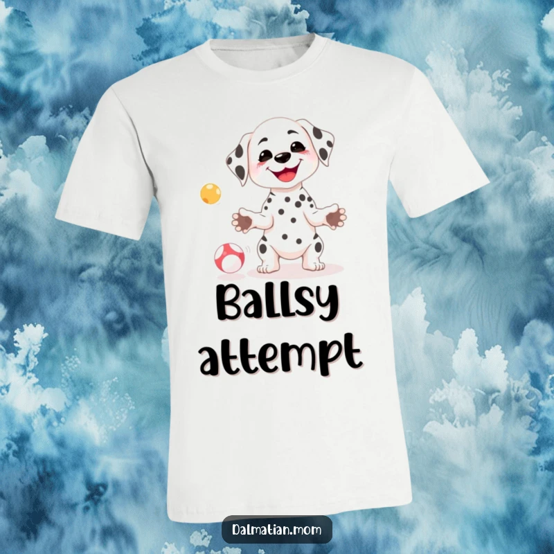 Funny Kawaii Dalmatian t-shirt depicting a small dog with a goofy smile attempting to juggle multiple small balls.