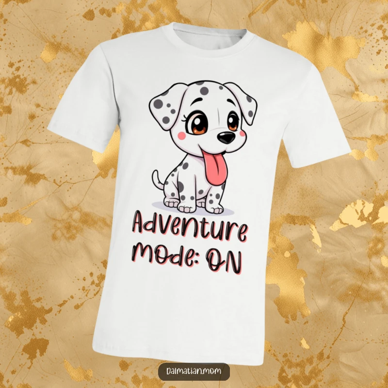 Funny Kawaii Dalmatian t-shirt depicting a bouncy cute dog with its tongue lolling, perfect for those who embrace adventure and outdoor activities.