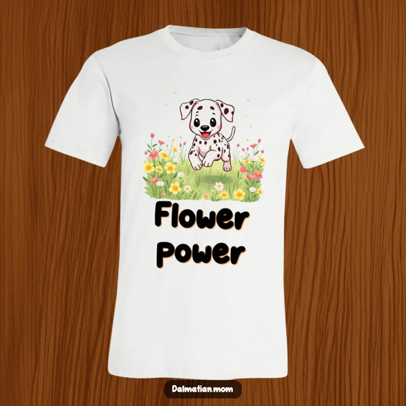 Funny Kawaii Dalmatian t-shirt of a dog joyfully bounding through a flower field, spots scattering like joyful bursts.