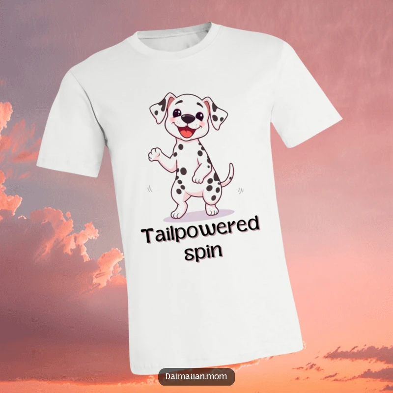 Funny Kawaii Dalmatian t-shirt depicting a cute dog doing a silly spin with its tail wagging furiously, perfect for expressing playful joy.