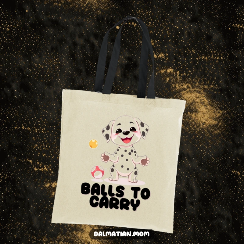 Funny Kawaii Dalmatian tote bag showing a petite dog with a goofy smile juggling small balls, perfect for daily use.