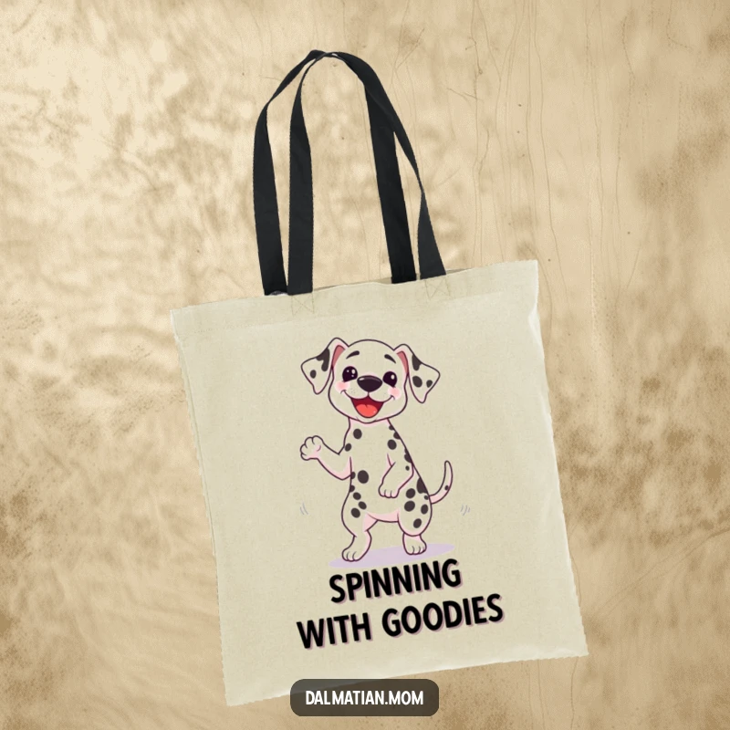 Funny Kawaii Dalmatian tote bag featuring a cute dog doing a silly spin with its tail wagging furiously, great for shoppers who love fun designs.