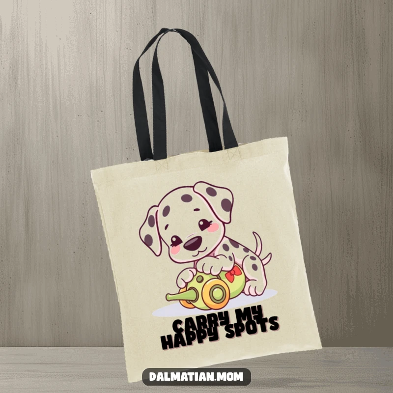 Funny Kawaii Dalmatian tote bag, a stylish accessory with a cute dog playfully nudging a toy, perfect for everyday use.