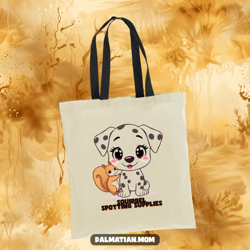 Funny Kawaii Dalmatian tote bag with a cute dog's wide, excited eyes spotting a squirrel, great for shoppers who love energy and cute designs.